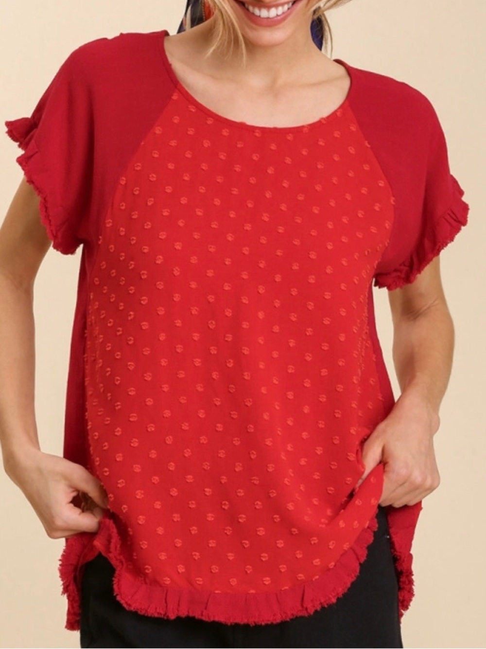 Umgee Boho Crimson Crimson Red Swiss Dot Fringe Flutter Sleeve Top L - EUC